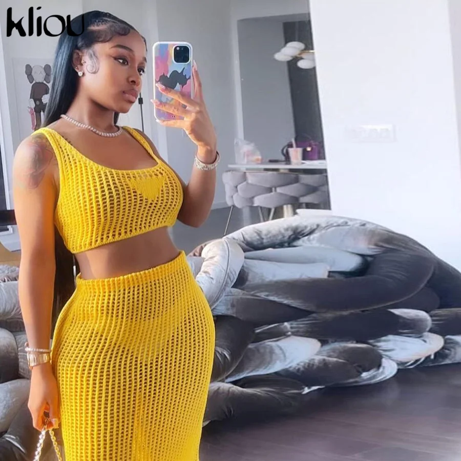 

Kliou Knitted Two Piece Set Women Skirt High Street Hollow Out Cleavage Sleeveless Tank Tops+Sheath Sexy See Through Skirt