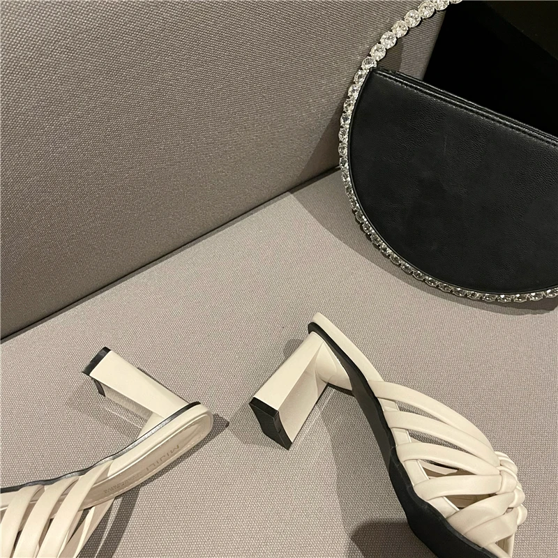 

2021 New Women Pumps Fashion Weave Square Heels Female Square Toe Ladies Sandals Woman Party High Heels Slippers Pumps Shoes