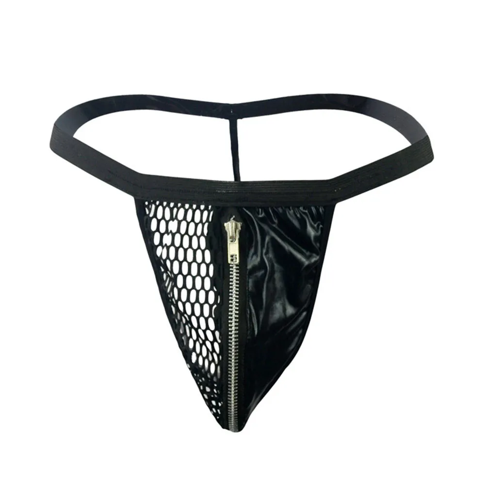 

Men's Sexy Low Waisted Thong Briefs Mesh Faux Leather Zip Up Patchwork Cock Pouch Erotic T-Back Underpants Exposed Butt Panties