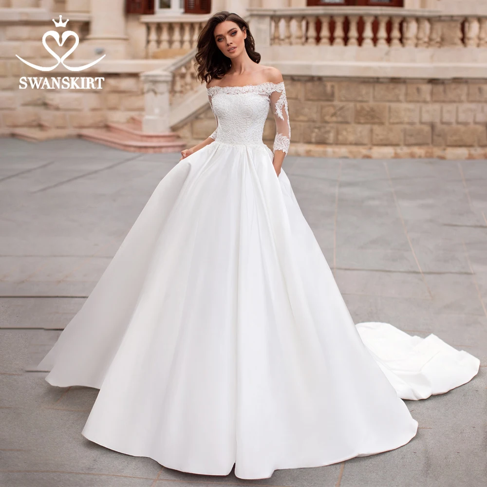 Модные вырез лодочка аппликация свадебное платье бисером кружевное