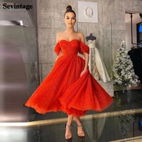 sevintage red glitter tulle a line prom dress off the shoulder tea length short formal women party gowns sparkly evening dresses