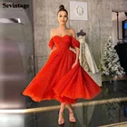 Женское вечернее платье Sevintage, красное блестящее ТРАПЕЦИЕВИДНОЕ платье из тюля, с открытыми плечами, длиной ниже колена, вечернее платье