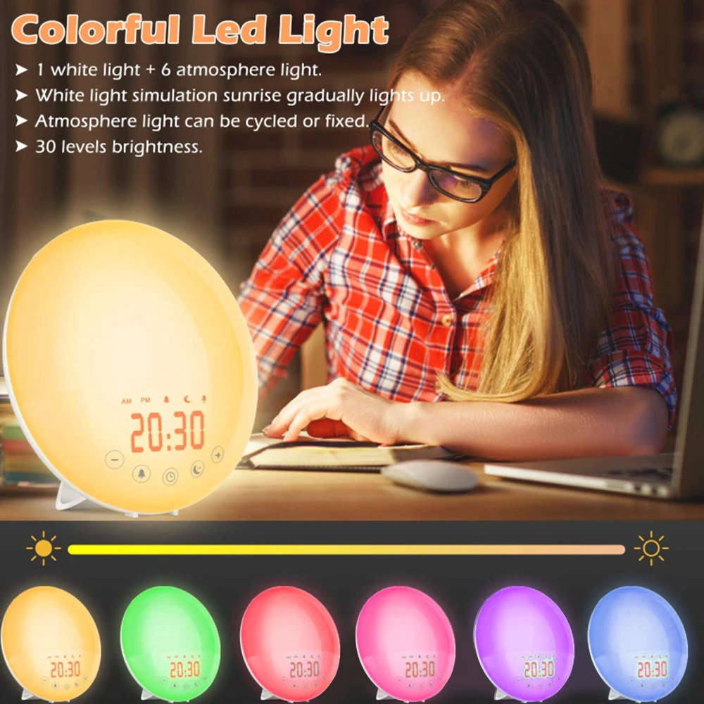 

WiFi Wake Up Light Smart Alarm Clock Snooze Natural Night Lamp Clock Sunrise/Sunset Color Change LED Light With Voice FM Radios