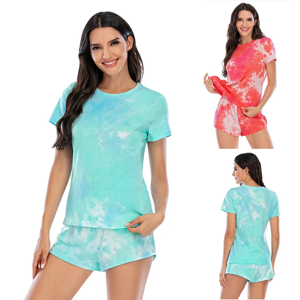 

Tie Dye Print Basic Tshirt Shorts Two Piece Set Women Casual Outfits Lounge Wear Jogging Femme Biker Shorts Tees Summer