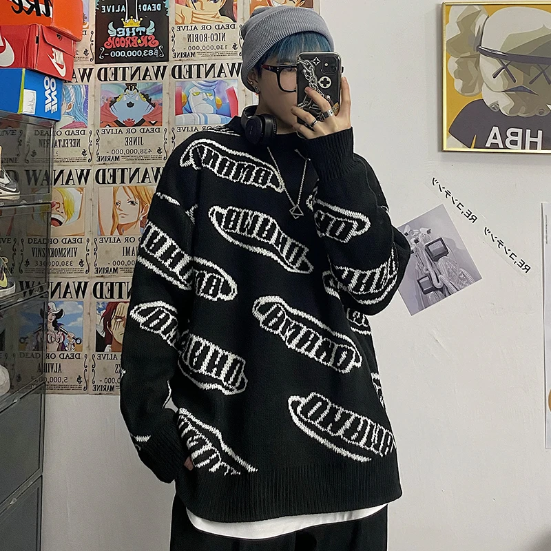 

Vintage Loose Pullover Sweater Women Long Sleeve Letter Jacquard Knit Tops Jumpers Korean Fashion New Streetwear свитер женский