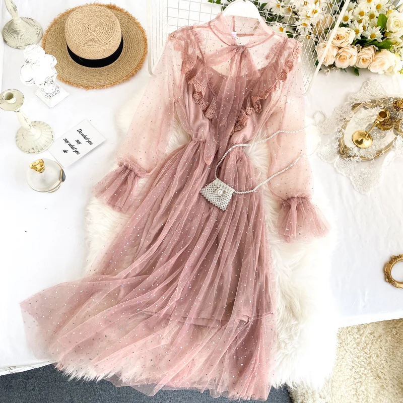 

Korean Chic Lace Floral Dresses Women Fairy V Neck Bluish Midi Female Polka Dot Sweet Mesh Dress Elegant Gorgeous Ropa Mujer