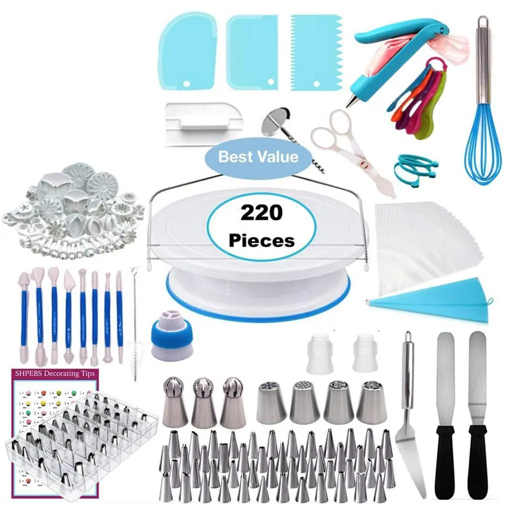 

220Pcs DIY Cake Decorating Bakery Tools Kit Cake Turntable Nozzle Set Pastry Tube Fondant Tool Kitchen Dessert Baking Supplies