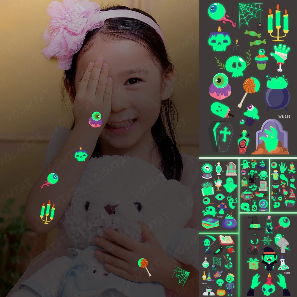 

Хэллоуин, Череп, конфеты, тыква, призрак, глаза, светящаяся татуировка, ночная светящаяся Забавная детская Милая поддельная татуировка для м...