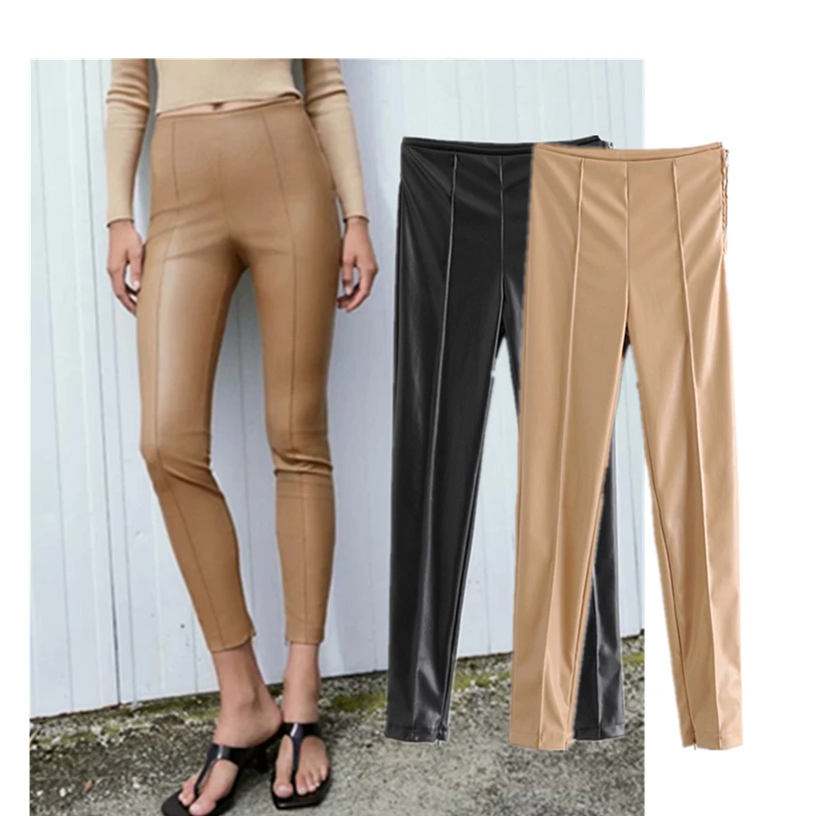 

Брюки Maxdutti женские в английском стиле, модные простые облегающие кожаные брюки-карандаш из искусственной кожи, женские брюки, Базовые Женск...