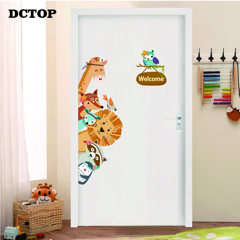 Забавные наклейки на дверь этнический жираф Льва лисы художественный винил для