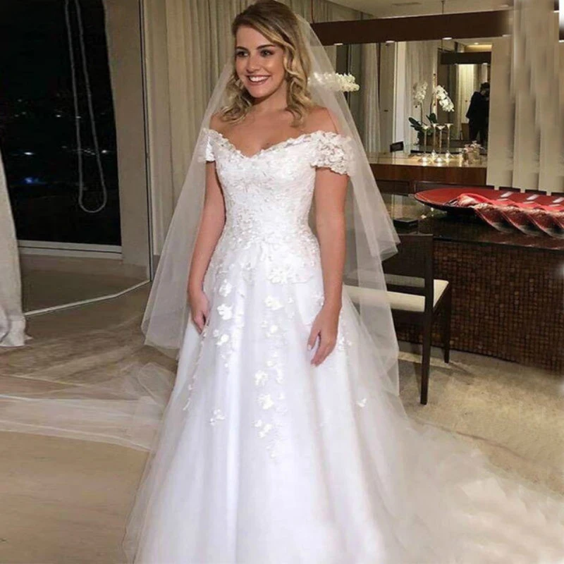 

Off the Shoulder A-line Wedding Dresses Lace Applique Long Dresses For Marriage Bridal Gown Party Formal robe de soiree