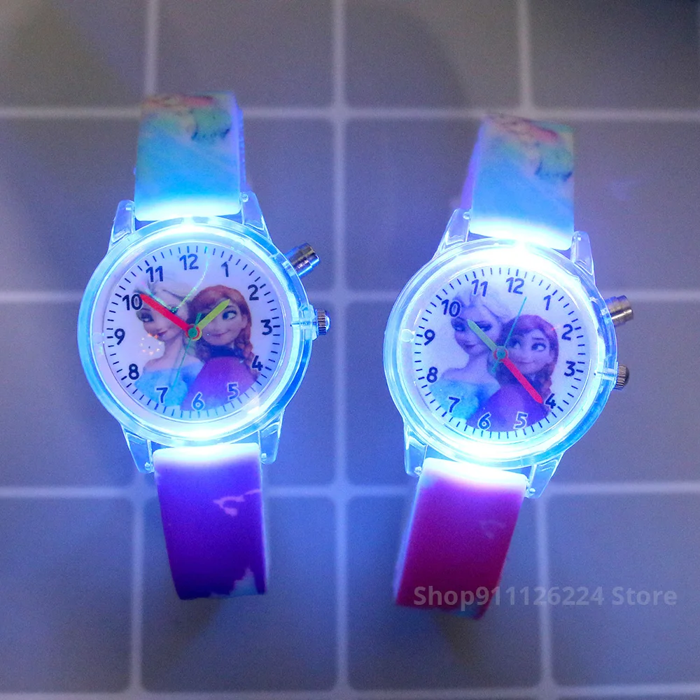Relojes infantiles de princesa Elsa para niñas, pulsera con correa de silicona, luz Flash,