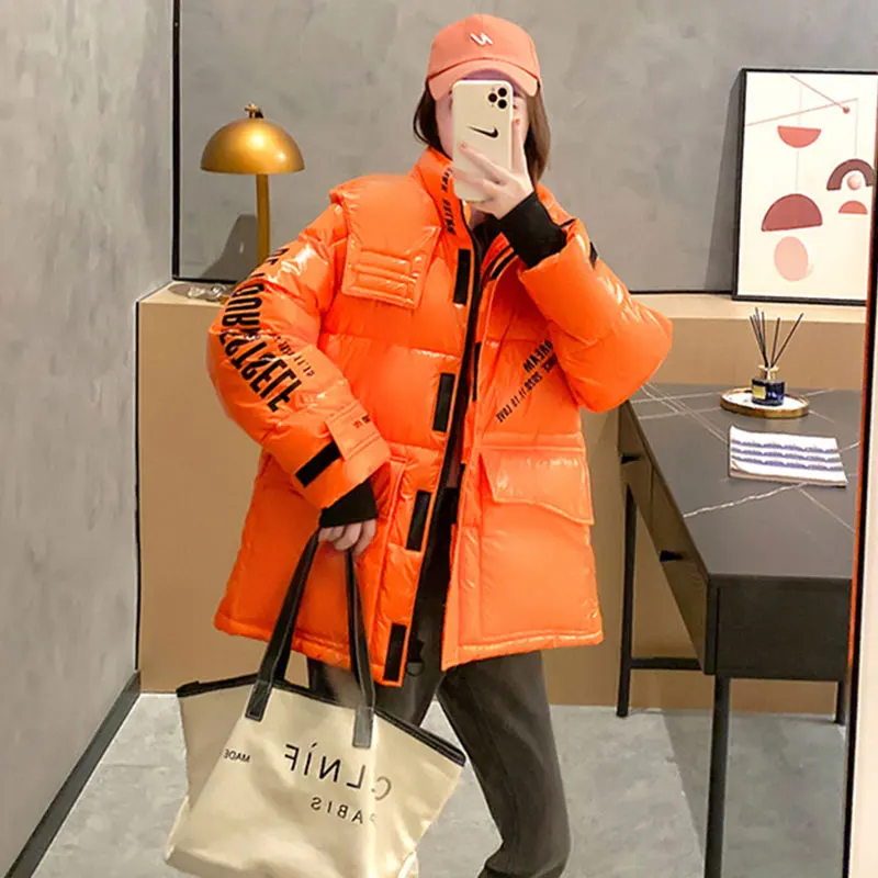 

Winter Down Cotton Jacket Thick Women Short Loose Hooded Letters Fashion Streetwear Outerwear Warm Women Glossy Coat Parka DH16