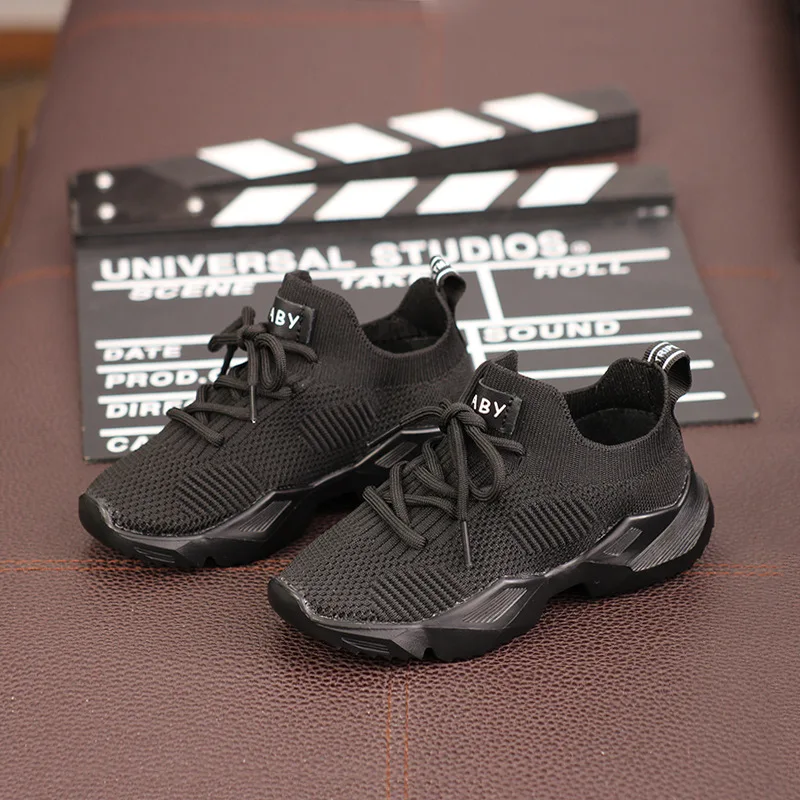 Детские вязаные кроссовки однотонные черные дышащие сетчатые для маленьких