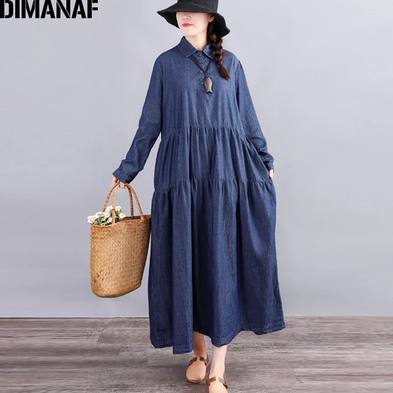 Женское джинсовое платье с длинным рукавом DIMANAF винтажное свободное