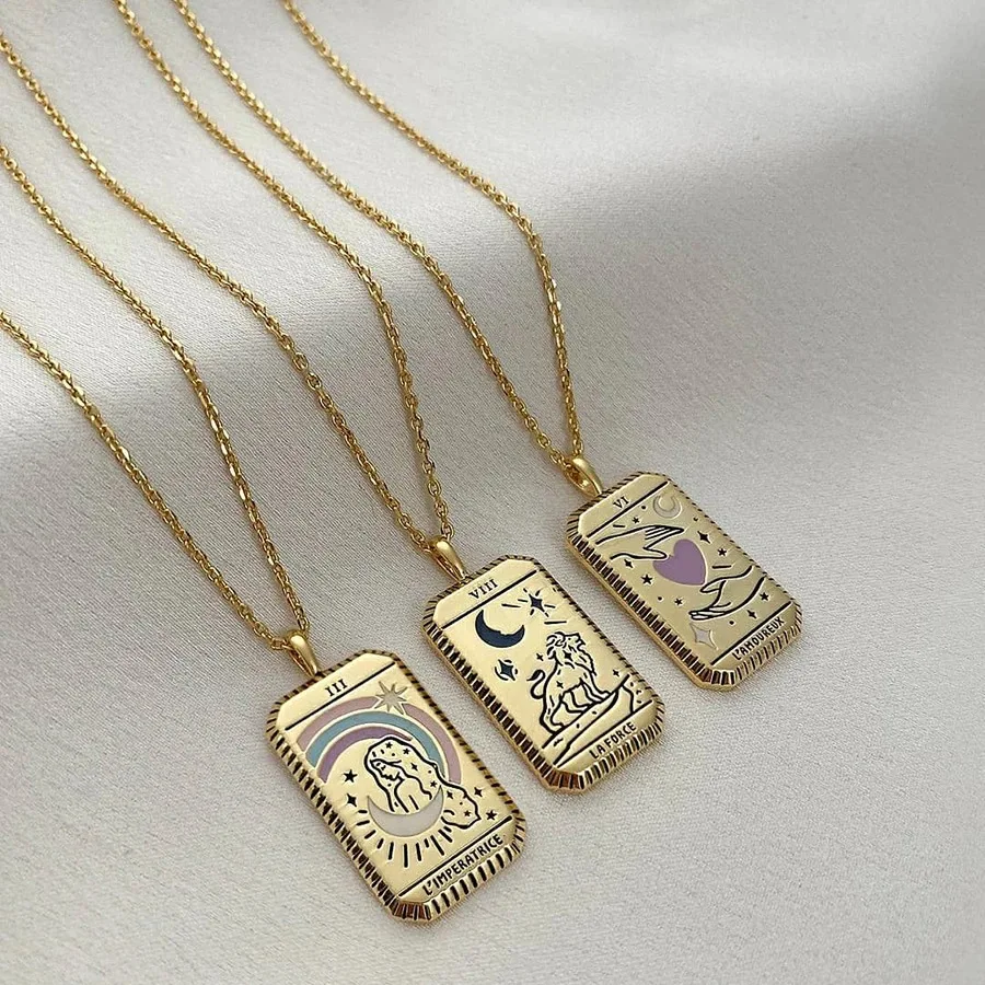 

Square Amulet Pendant Tarot Cards Vintage Necklace Women's Jewelry Gift Gold Plated Collar For Female Chain Zodiac Moon Sun Love