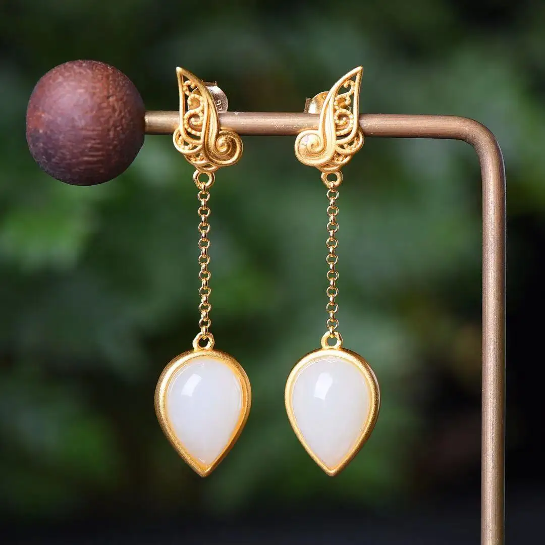 

Natural 925 inlaid Hetian jade drop earrings