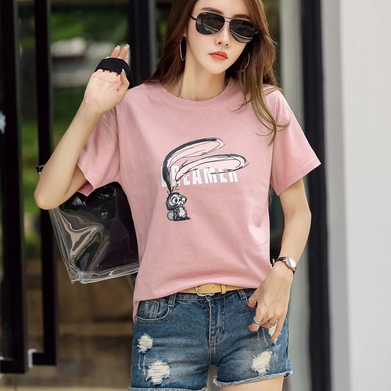

2021 Summer Cotton Womenâ€™s T Shirt Short Sleeve O Neck Pink Print Casual Cartoon Loose Tee Tshirts Femme Korean Fashion Tops