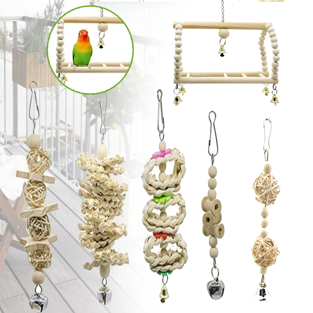 8pcs Wooden Swing Chewing Parrot Budgie Cage Hanging Training Home Funny Accessories Bird Toy Set Cockatiels Primary Color | Дом и сад