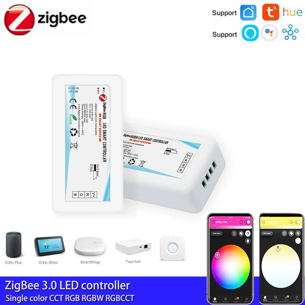 Умный регулятор яркости светодиодной ленты, RGB + CCT, RGB, CCT, Одноцветный, Zigbee 3,0, голосовой контроллер для Echo plus, smartThings, Hu * e Tuya - изображение