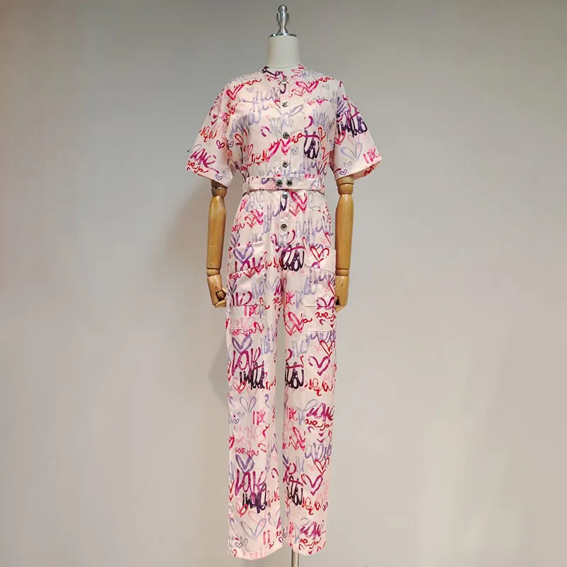 

Женский комбинезон с круглым вырезом, коротким рукавом, высокой талией и поясом