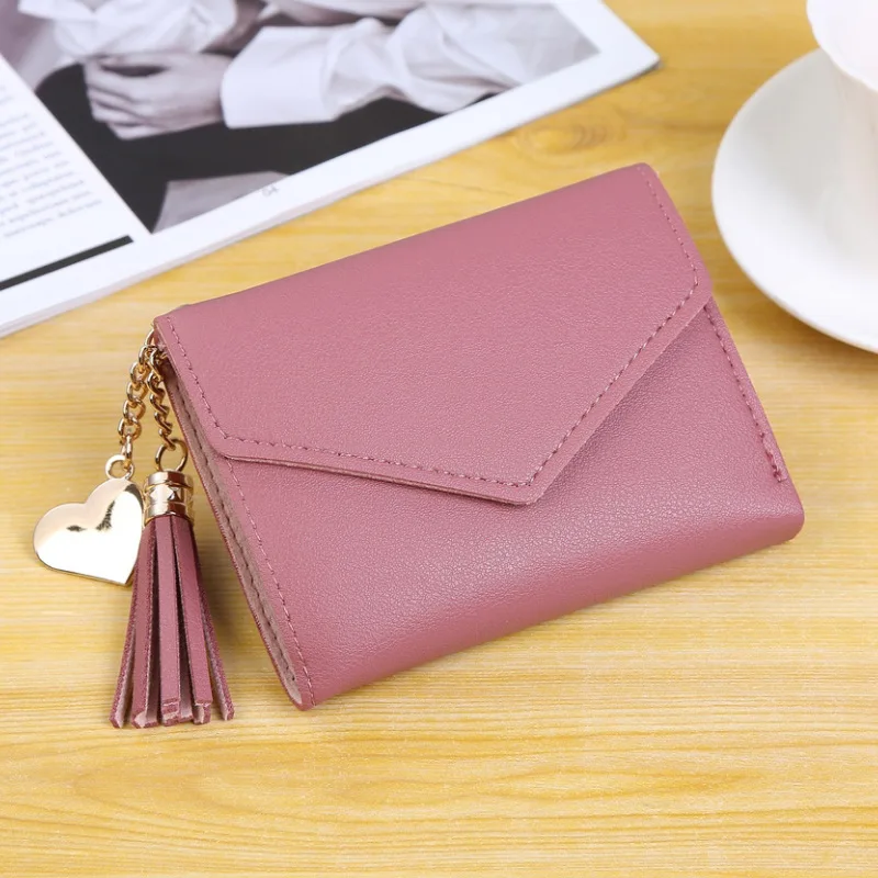 Tassel-darkpink Женские кошельки, кожаный женский кошелек, мини-кошелек на застежке, Одноцветный держатель для нескольких карт, модные короткие кошельки для монет, тонкий маленький кошелек на застежке-молнии - Цвет: Tassel-darkpink