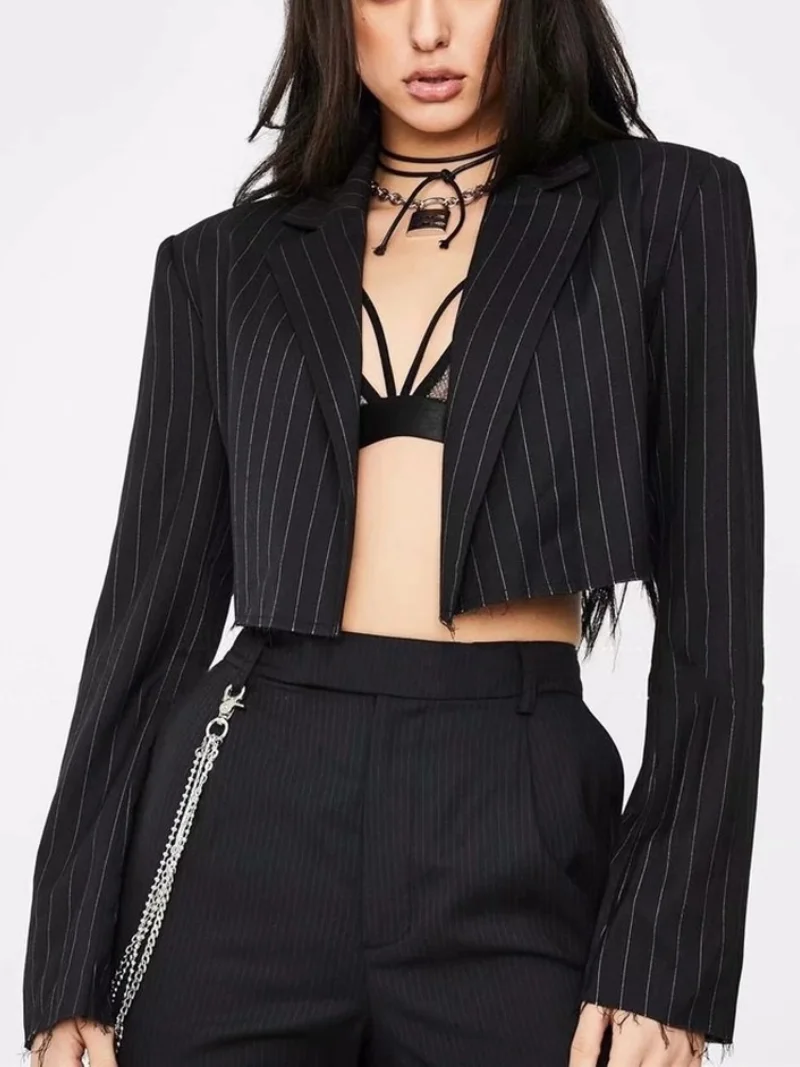 Sexy Slim Short Blazer Striped Suit Women Chic Punk Gothic Casual High Street Blazer Fashion Design Streetwear Cool Girl Clothes