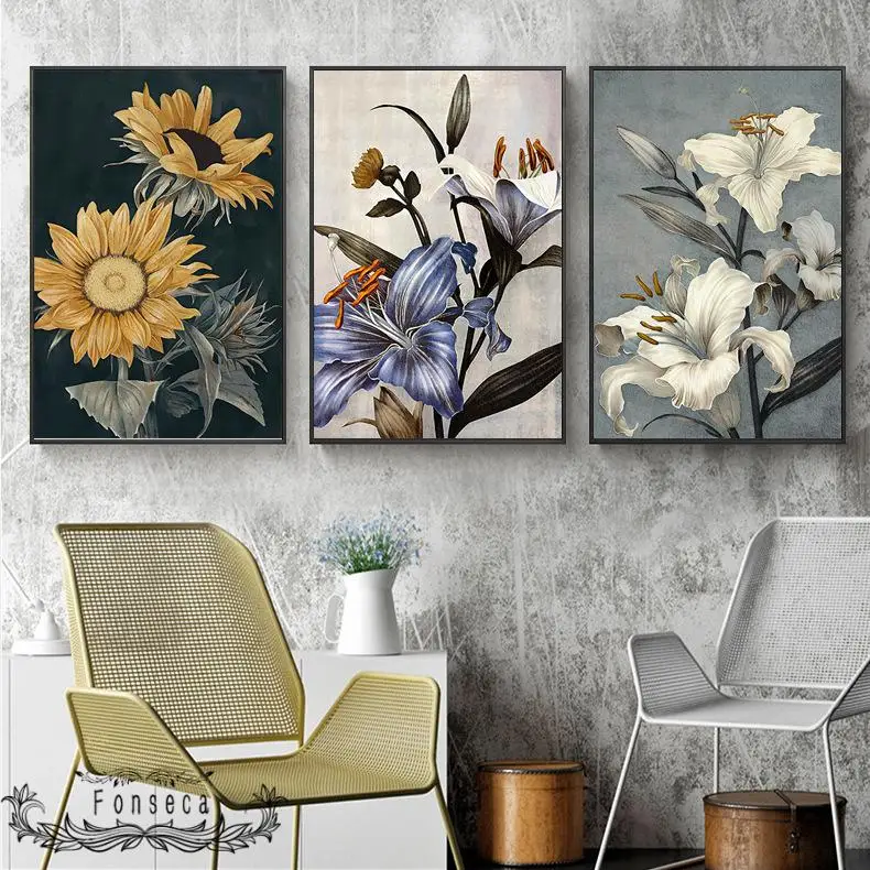 Ретро картина маслом подсолнуха лилии принты на холсте геометрический узор