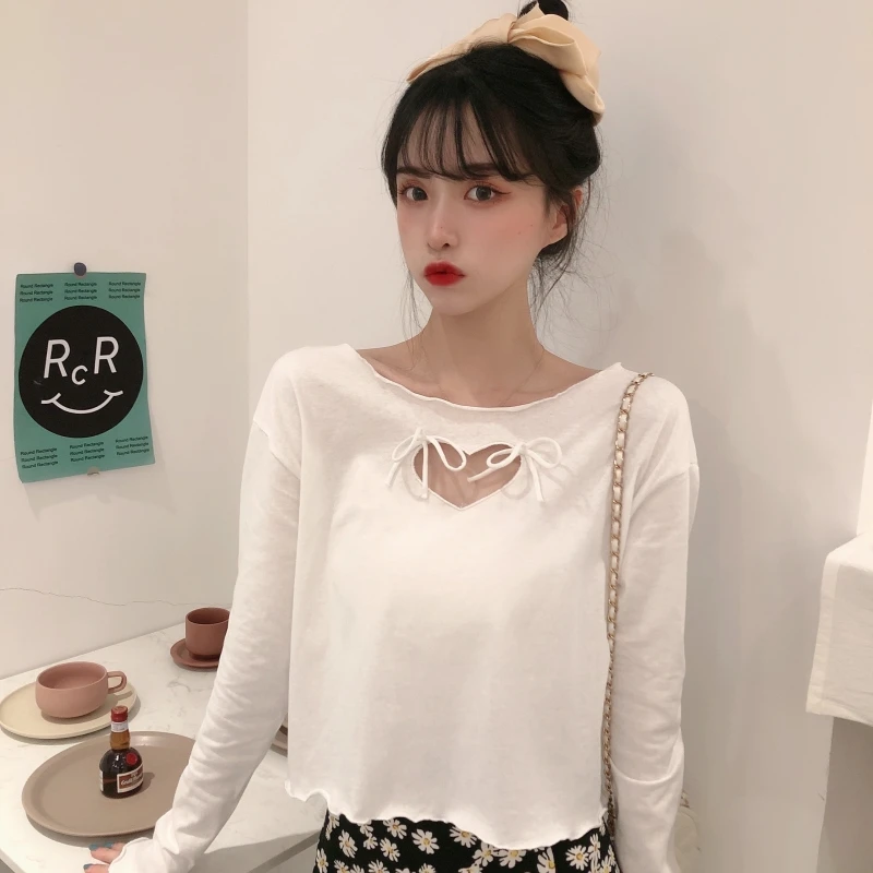 

Women's Clothing Hollow Out Long Sleeve Sweet Style Bow T Shirts Kawaii Crop Top Fashion Brand Autumn Tees Korean Clothes New