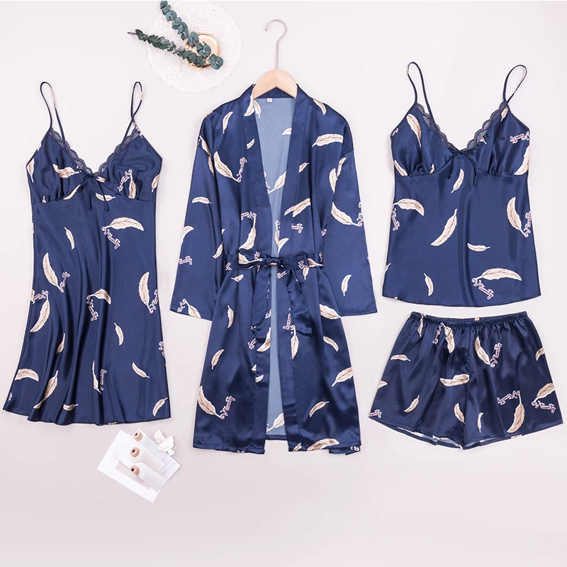 

4 Pcs Sexy Sleepwear Sets Night Gown Summer Women Large Size Silk Pajama Satin Shorts Dress Thin Nightgown Oversize Pijama