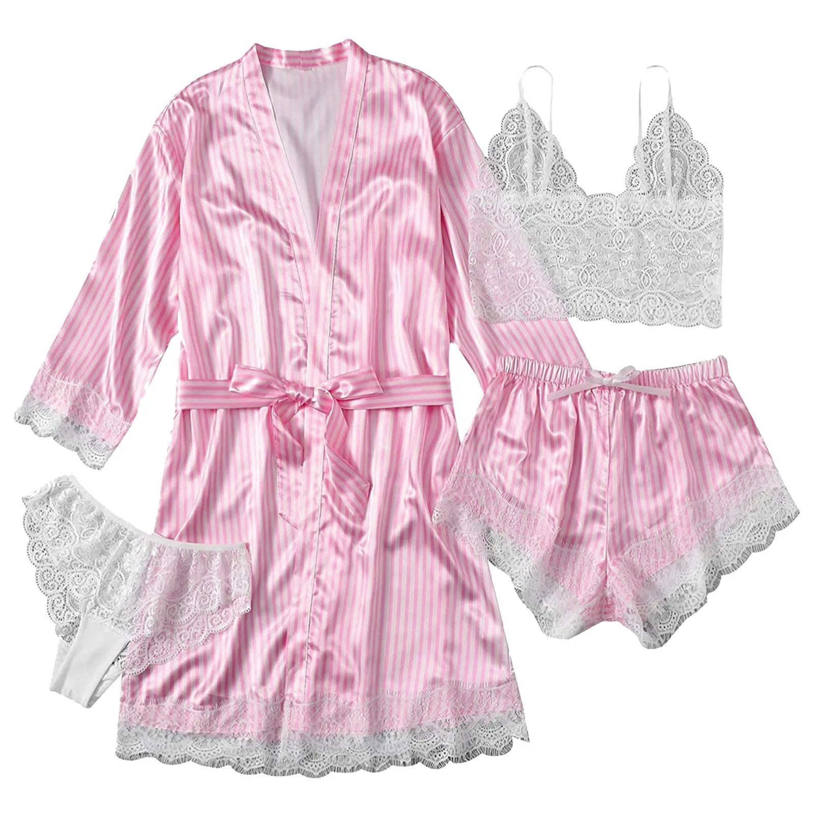 

Sexy Satin Pajamas 4 Piece Set Silk Bathrobe Pajamas Women Nightdress Cami Top And Shorts Set Lingerie Robes Underwear Sleepwear