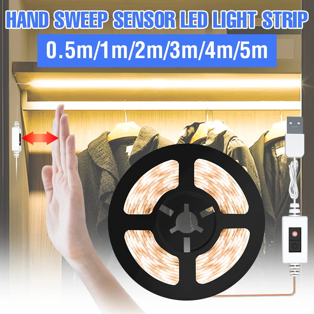 

USB 5V Hand Sweep Switch Smart Kitchen Light 1/2/3/4/5M Waterproof LED Strip Tape Under Cabinet Light Led Ribbons Wardrobe Lamp
