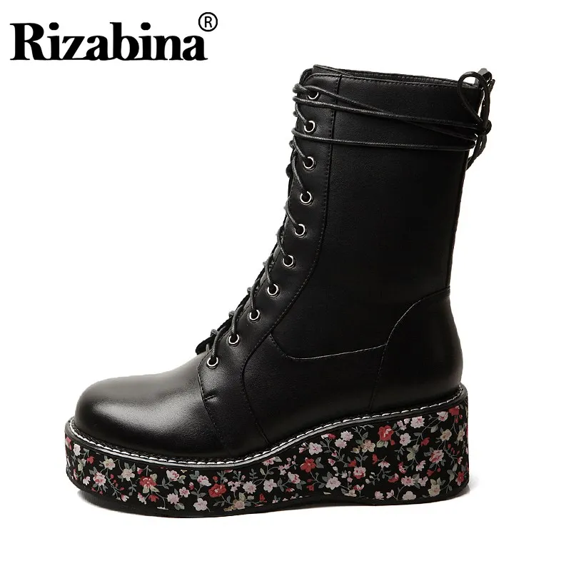 Женские сапоги до середины икры RIZABINA из натуральной кожи на толстой подошве со