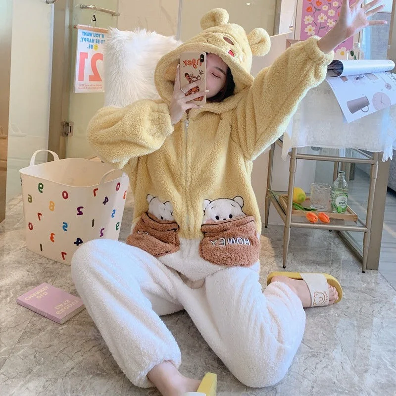 Pajamas Female Autumn and Winter Cute Cartoon Hooded Coral Velvet Thickened Flannel Warm Home Clothes Can Be Worn Outside Pajama