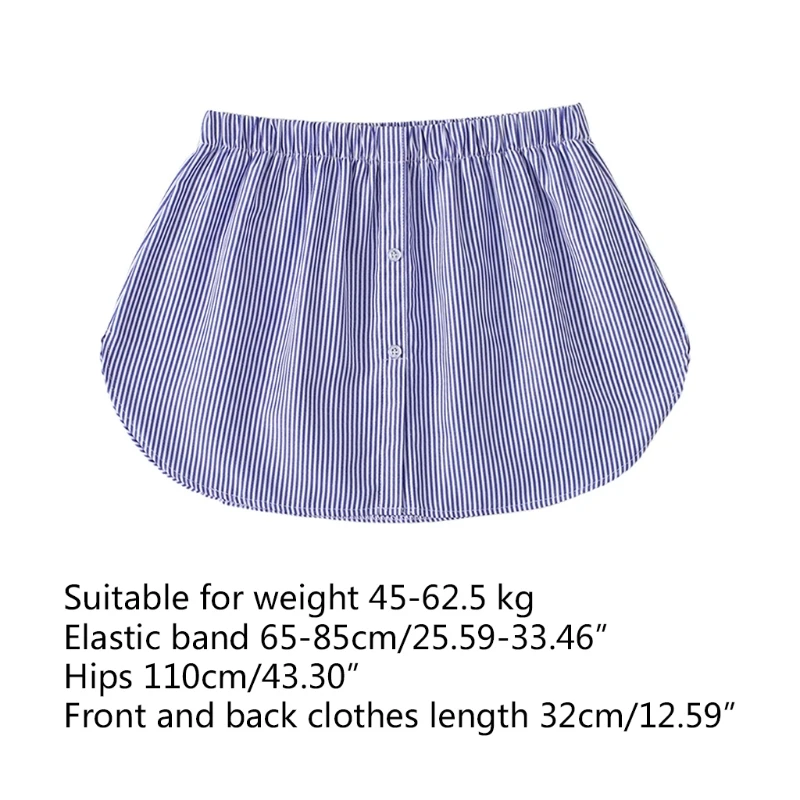 

Women Layered Decorative Skirt Blue Vertical Stripes Print Flare Curved False Fake Hem Buttons Elastic Waist Detachable Apron