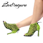 Ladingwu Туфли для латинских танцев флуоресцентного зеленого цвета со змеиным узором лазерной обувь для танцев сальса Для женщин, на шнуровке, сапоги для танцев костюмы для бальных танцев танцевальная обувь