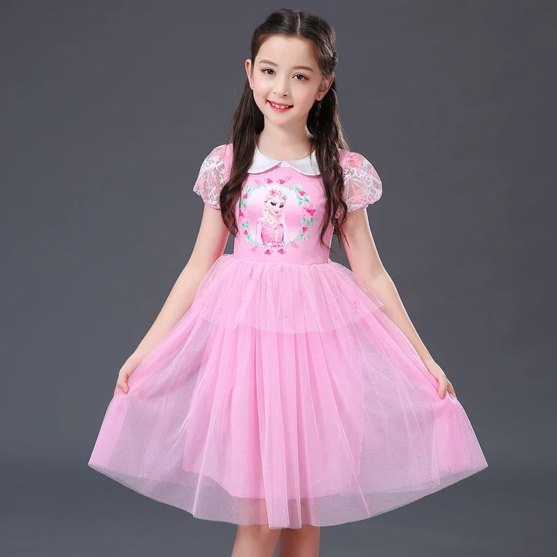 Pink Short Sleeve Платье Эльзы для девочек; утепленные детские платья принцессы для девочек; vestidos; вечерние платья с кружевом; Рождественская зимняя одежда; Infantil Menina; маскарадный костюм; 6-8 - Цвет: Pink Short Sleeve