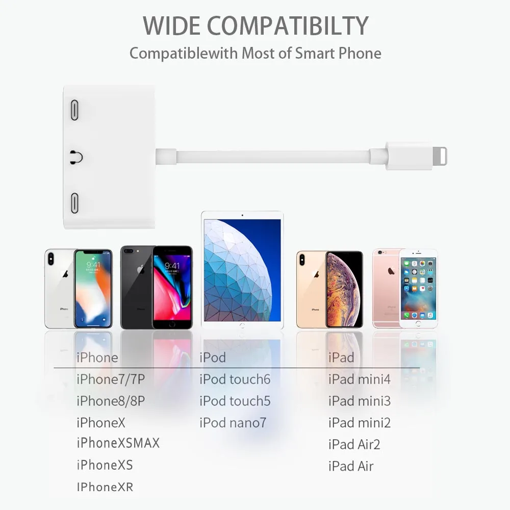 Аудиоразветвитель 3 в 1 для наушников Lightning и Dual Light ning разъем Aux 5 мм iPhone X/XR/XS