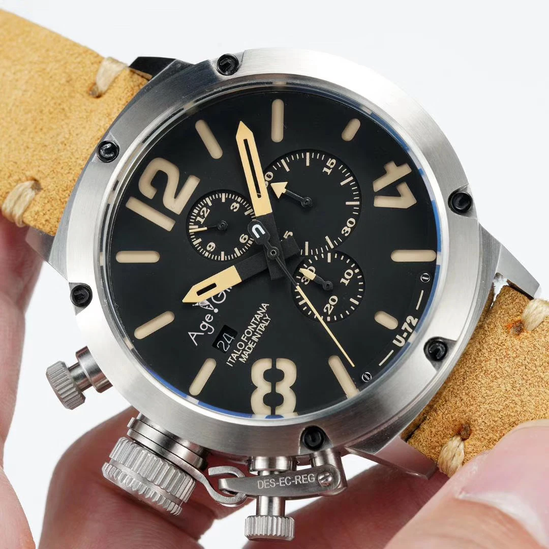 Новинка, кварцевые Секундомер-хронограф для мужчин, U CHRONOMETER U72 Chimera, серебристый, в возрасте, коричневый, корова, черный, кожа, часы для лодки, белый, оранжевый