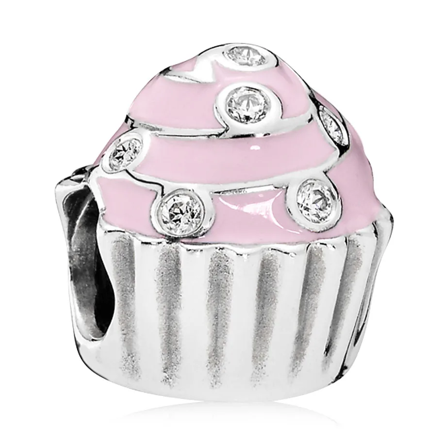 

Original 925 Sterling Silver Charm Pink Enamel Sweet Cupcake Bead With Crystal Fit Popular Bracelet DIY Jewelry