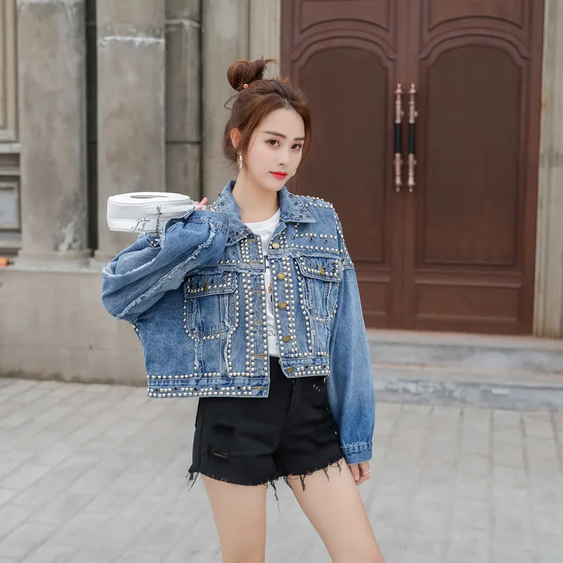 Short Loose Nail Pearl Cowboy 2019 Rivet Coat Jacket Woman | Женская одежда