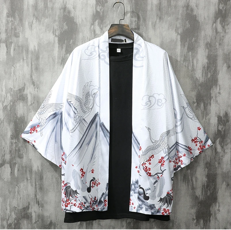 

Кимоно мужское традиционное в японском стиле Харадзюку, модный белый черный кардиган, блузка, хаори Оби, азиатская одежда самурая