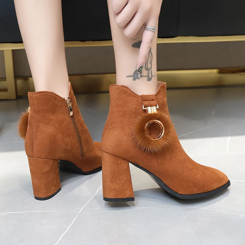 

FL JUMPMORE Women Warm And Velvet Women's Boots Vintage Block Heel Ankle Boots Side Zipper High Heels Women Shoes