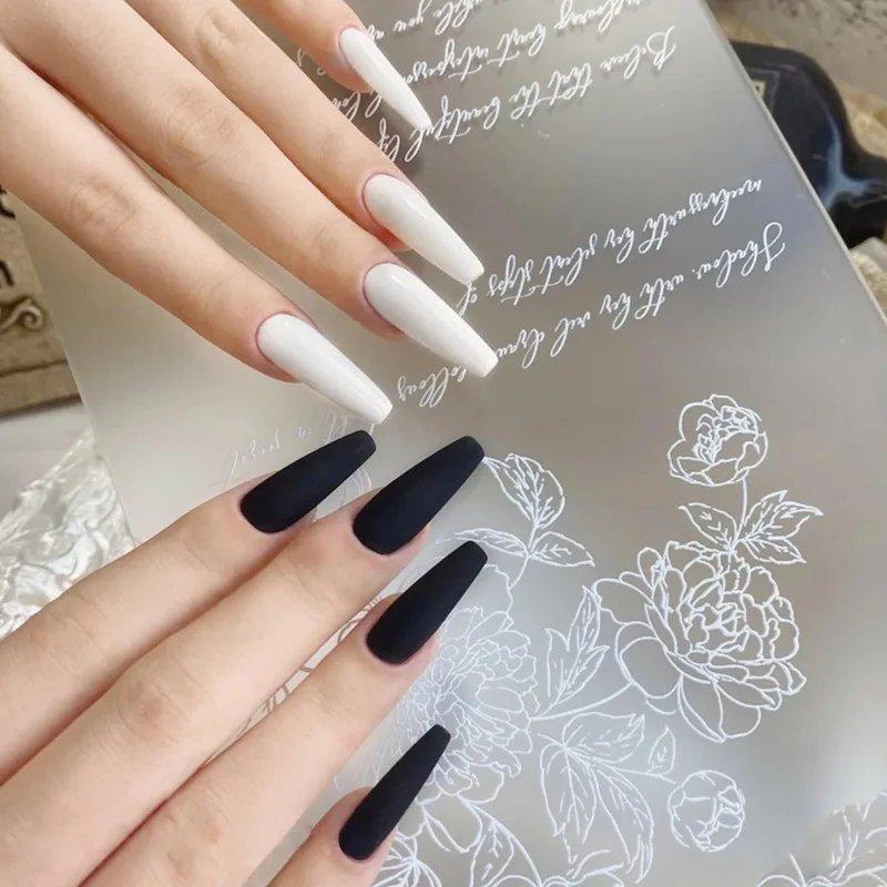 Lamemoria 24Pcs/Box Black White Mix Fake Nails Long French Ballet False Nail Press on Tip Art Decoration | Красота и здоровье
