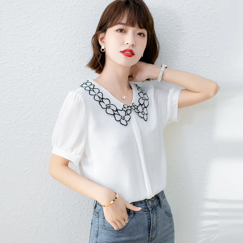 

Summer Peter Pan Collar Design Blouses for Womens Korean Fashion Trends Office Ladies Clothing Teenage Lightweight Chiffon Tops