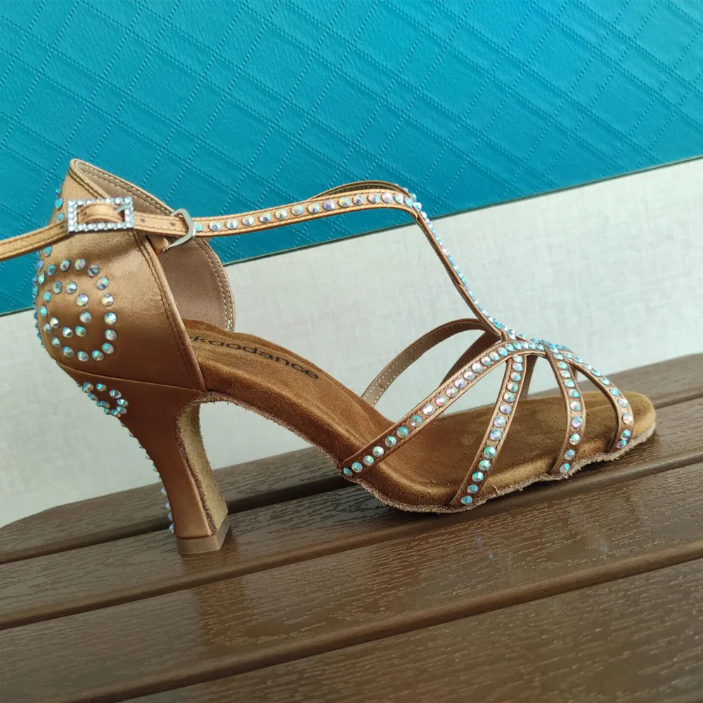 Evkoodance/Сальса женская обувь для латинских танцев Атлас со стразами каблук 8 см