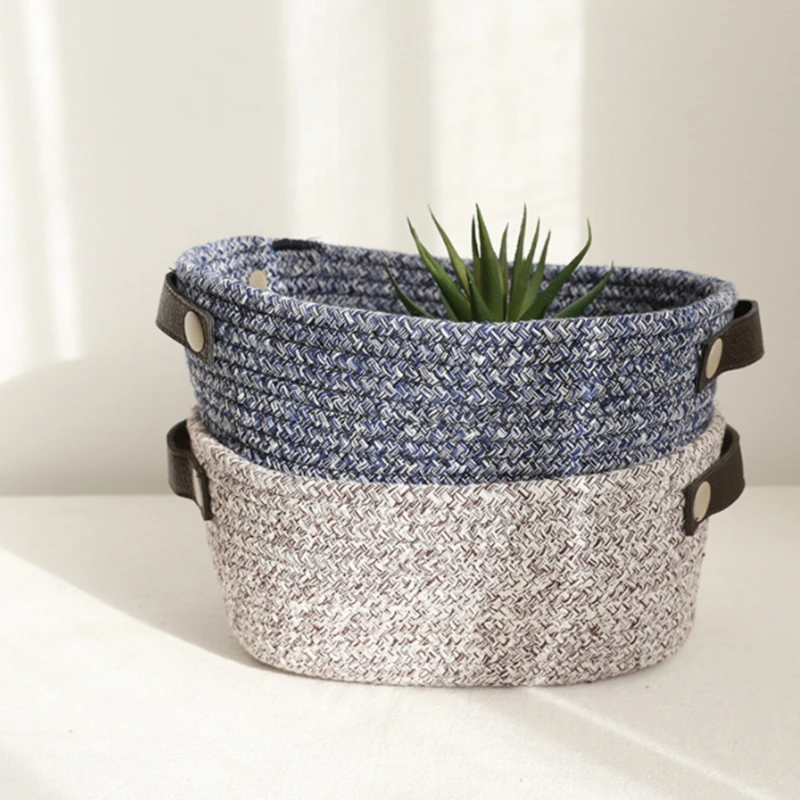 

Hand-Woven Cotton Storage Box Nordic Fabric Storage Basket Home Desktop With Handle Cotton Rope Makeup Storage Basket