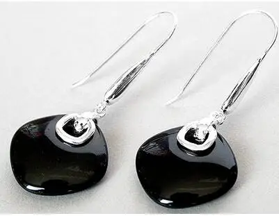 

FREE shipping> >>>Natural BLACK jade Stone Bead Vintage 925 Hooks Earring