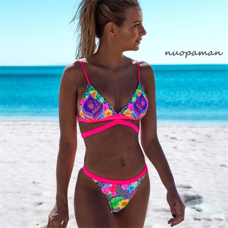 Бикини с цветочным принтом 2020 женский купальник комплект бикини пуш-апом пляжный