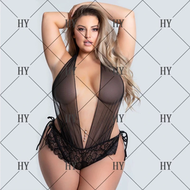 

Plus Size 3XL-5XL Fashion Women Leotard Body Lace Up Top Ladies Black Floral Lace Sexy See Through Mesh Fishnet Bodysuit 2020